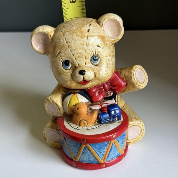 Vintage 1981 ENESCO Teddy Bear W/ Toys Drum Coin Bank COLORFUL Train‎ Rare T65 - Picture 8 of 9